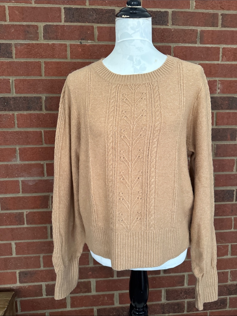 Lucky Brand Camel Cable-Front Crewneck Sweater